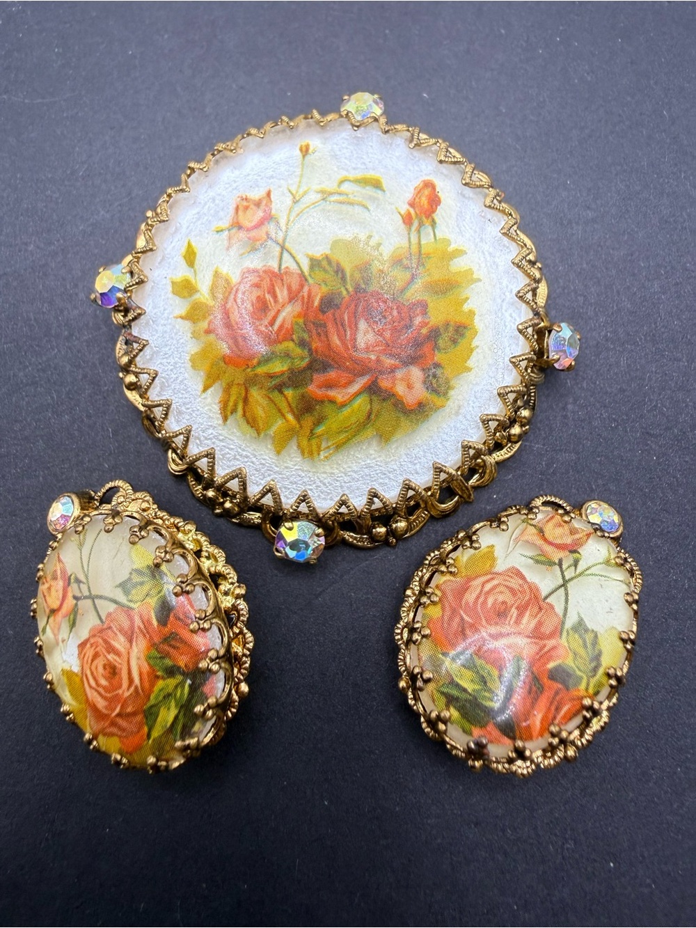 Vintage West Germany Floral Rose Brooch & Clip-On Earrings Set